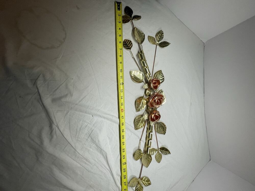 Vintage Homco Copper Brass Rose Ribbon Hanging Wall Art Swag 27” MCM Decor USA